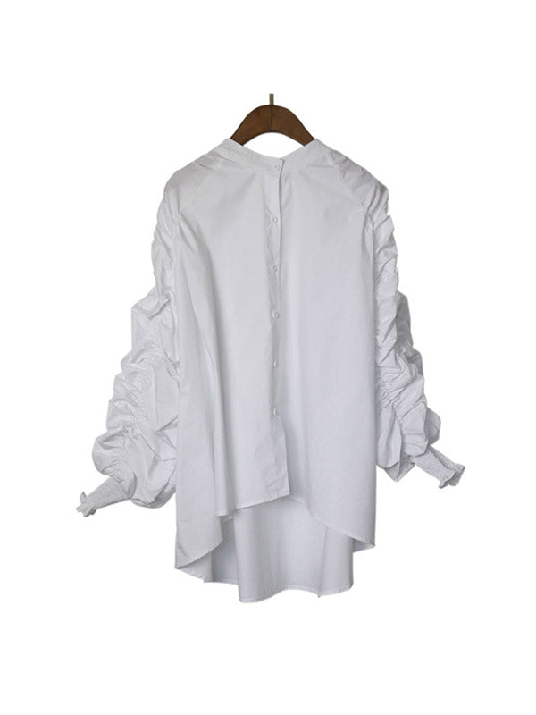 Elasticity Pleated Solid Color Split-Joint High-Low Long Sleeves Round-Neck Blouses