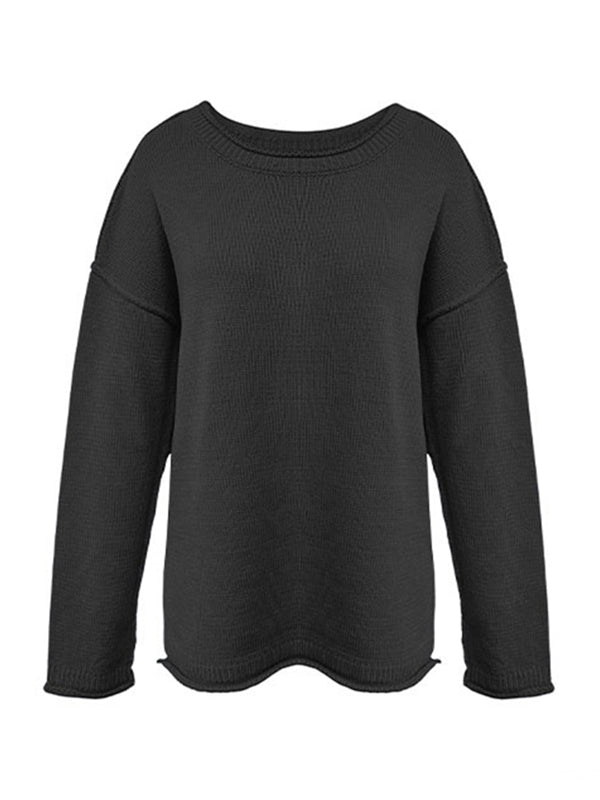 Solid Color Split-Joint Long Sleeves Loose Round-neck Sweater Tops