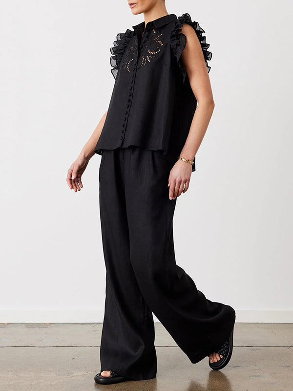 Pockets Solid Color High Waisted Loose Trousers Pants