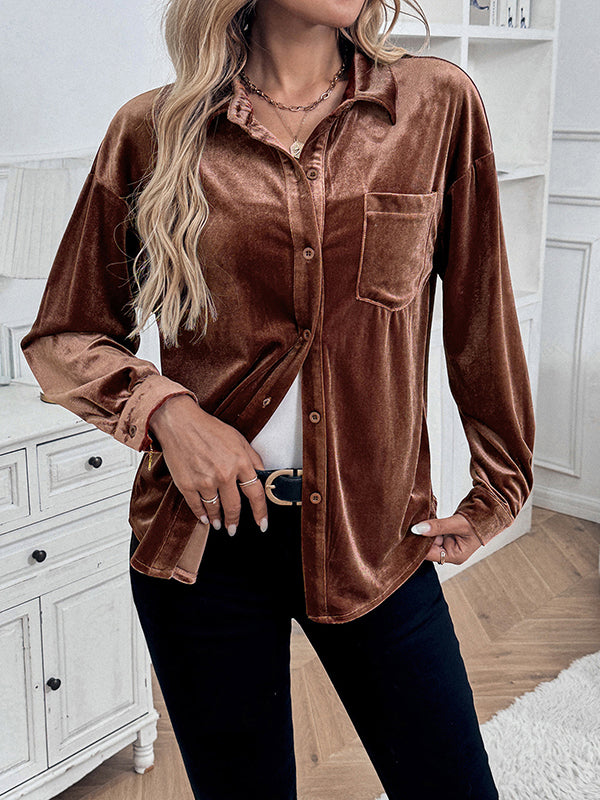 Buttoned Pockets Solid Color Split-Joint Velvet Long Sleeves Loose Lapel Blouses&Shirts Tops