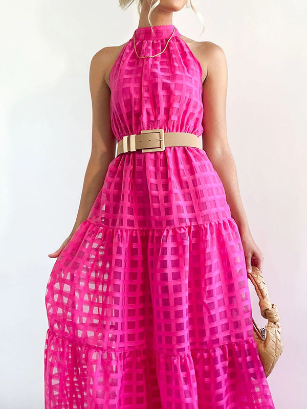 Plaid Ribbed Loose Sleeveless Stand Collar Maxi Dresses