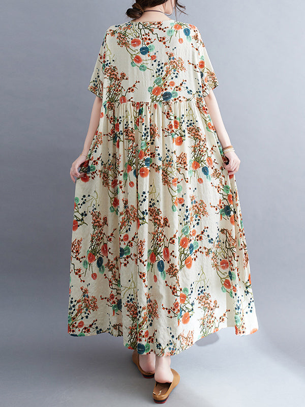 Floral Printed Loose Short Sleeves Round-neck Midi Dresses