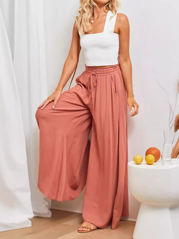 Drawstring Elasticity Pleated Pockets Solid Color High Waisted Loose Trousers Pants