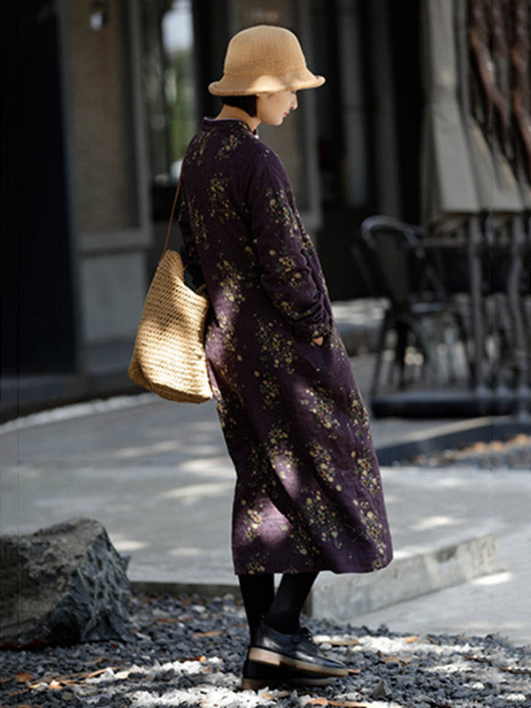 Vintage Loose Printed Keep Warm Velvet Midi Dress Long Cheongsam