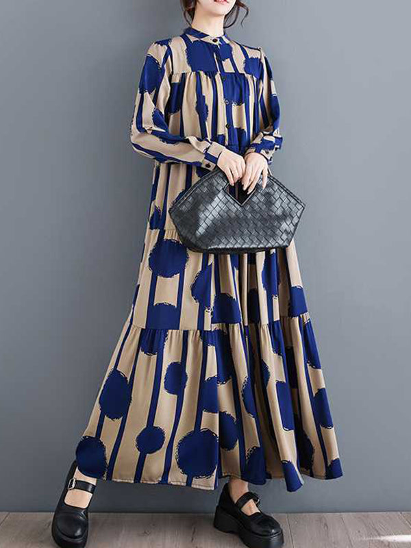 Buttoned Pleated Polka-Dot Split-Joint A-Line Long Sleeves Stand Collar Shirt Dress Maxi Dresses