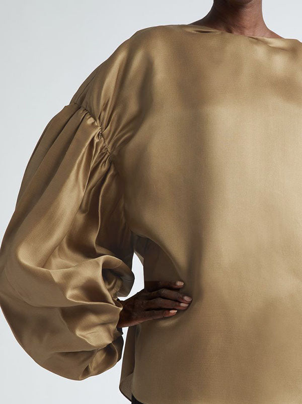 Elasticity Pleated Solid Color Split-Joint Long Sleeves Loose Round-neck Blouses&shirts Tops
