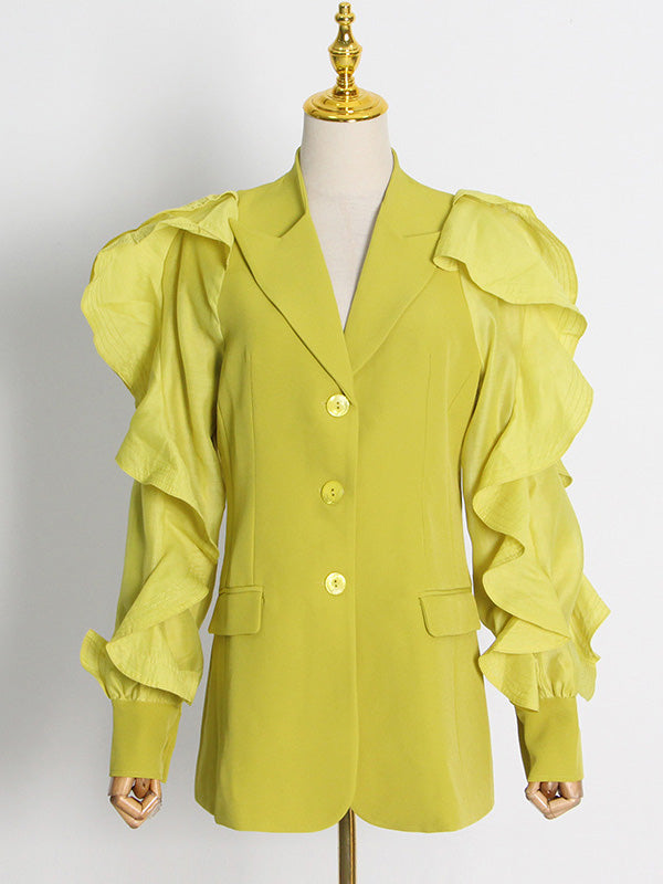 Buttoned Pockets Ruffled Split-Joint Long Sleeves Loose Notched Collar Outerwear Blazer