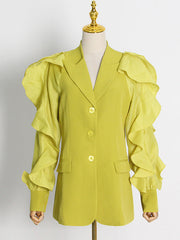 Buttoned Pockets Ruffled Split-Joint Long Sleeves Loose Notched Collar Outerwear Blazer