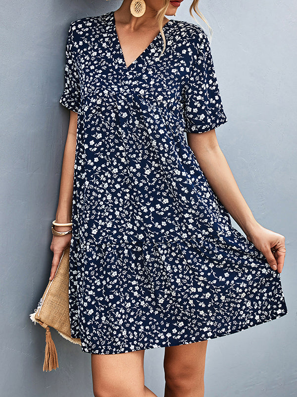 Flower Print Split-Joint Short Sleeves V-Neck Mini Dresses