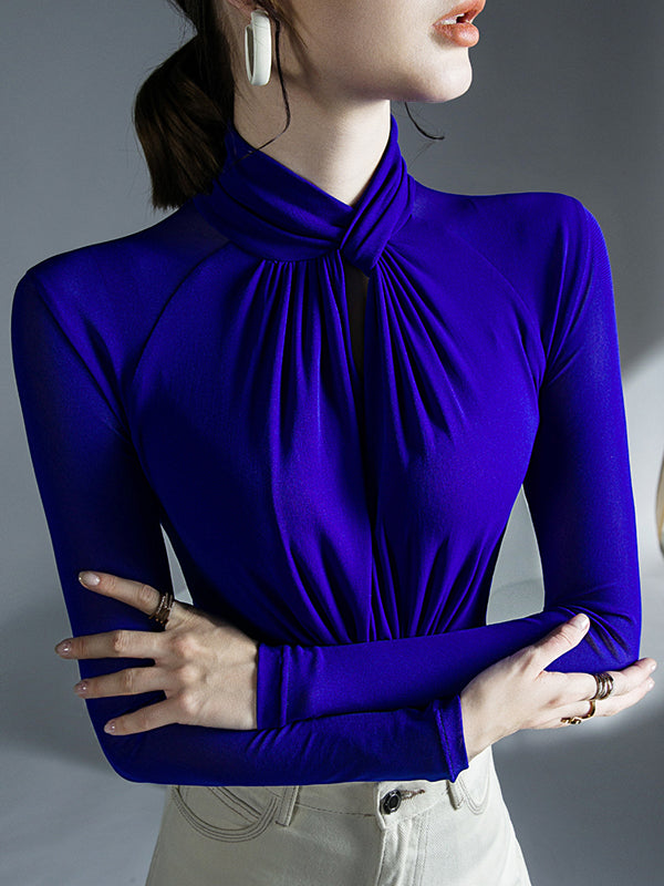 Hollow Pleated Solid Color Long Sleeves Plus Size Mock Neck T-Shirts Tops