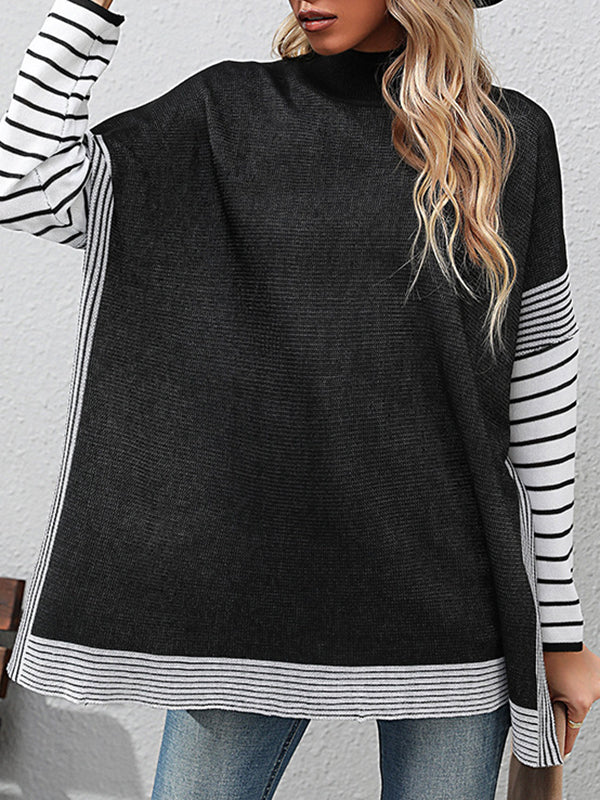 Contrast Color Striped Long Sleeves Loose Mock Neck Sweater Tops Pullovers