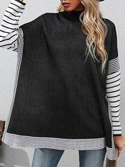 Contrast Color Striped Long Sleeves Loose Mock Neck Sweater Tops Pullovers