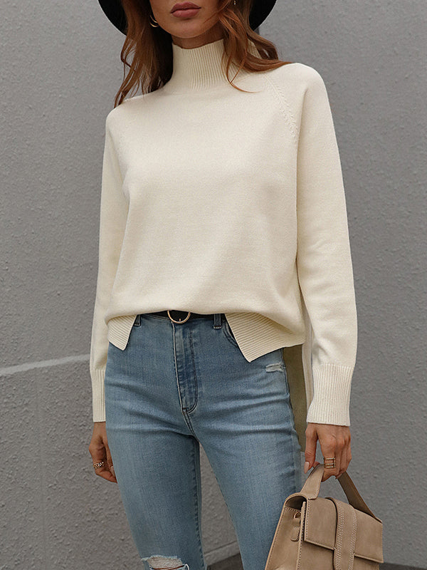 Solid Color Split-Side High-Low Long Sleeves High Neck Sweater Tops Pullovers