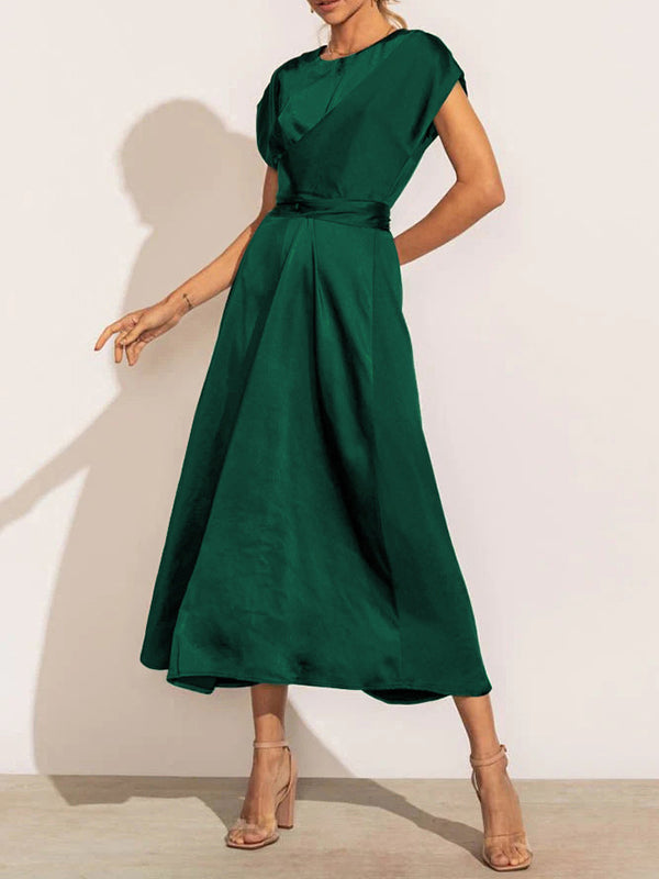 Solid Color Split-Joint Tied Waist Loose Short Sleeves Round-neck Midi Dresses
