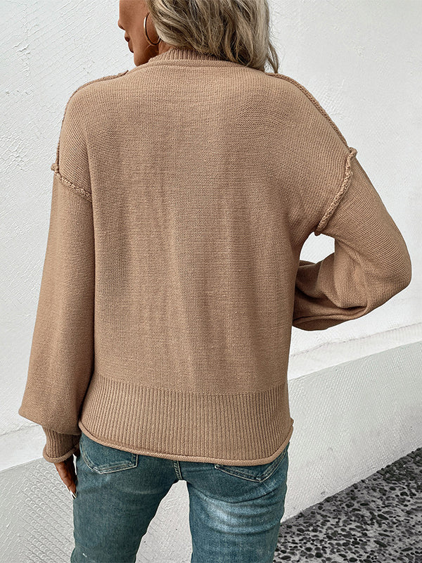 Pockets Solid Color Split-Joint Long Sleeves Loose Round-Neck Sweater Tops Pullovers