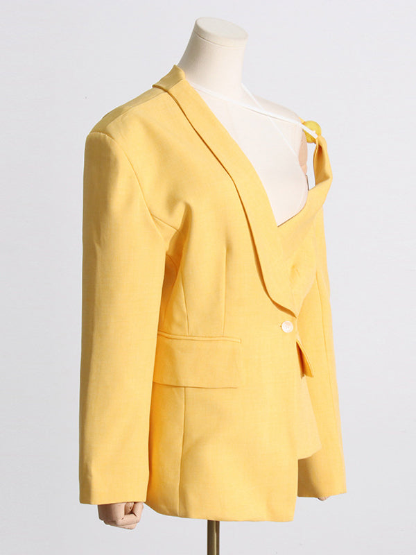 Asymmetric Buttoned Hollow Solid Color Tied Long Sleeves Loose Asymmetric Collar Blazer