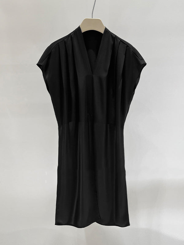 Knot Pleated Solid Color Split-Joint Loose Raglan Sleeve V-neck Blouses&shirts Tops