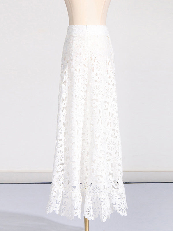 Jacquard Solid Color Flower Print Hollow Round-Neck Vest Top + Ruffle Trim Bodycon High-Low Skirts Bottom Two Pieces Set