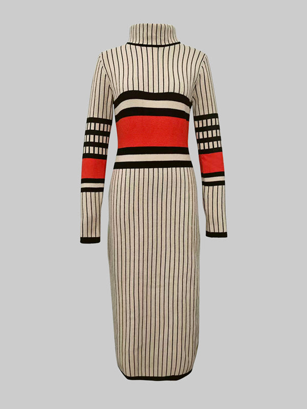 Contrast Color Striped Long Sleeves Skinny High Neck Sweater Dresses Midi Dresses