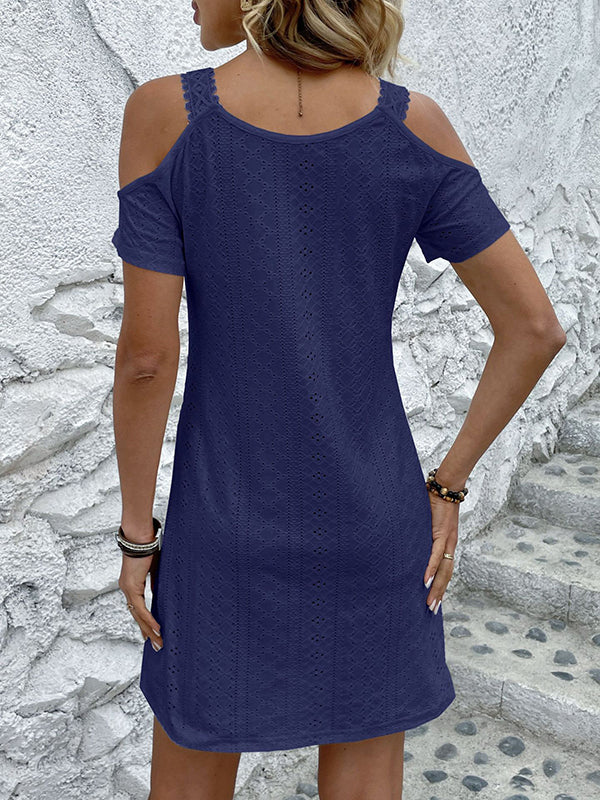Hollow Solid Color Split-Joint A-Line High Waisted Cold Shoulder Mini Dresses