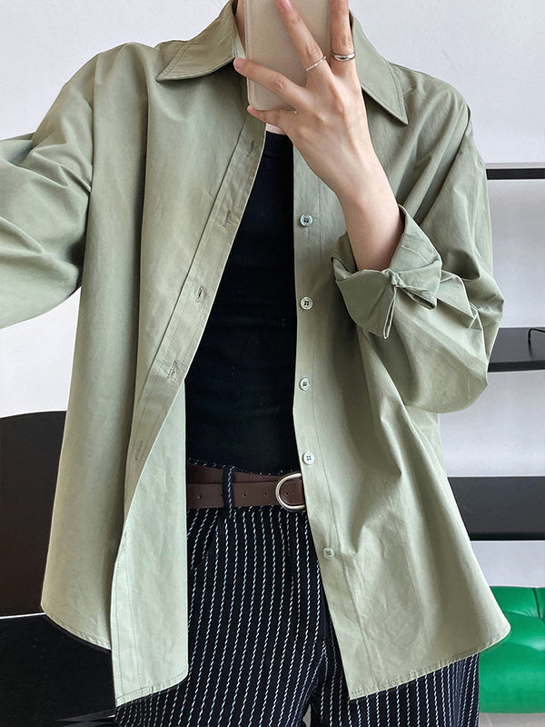 Simple Loose Long Sleeves Buttoned Solid Color Lapel Collar Blouses&Shirts Tops