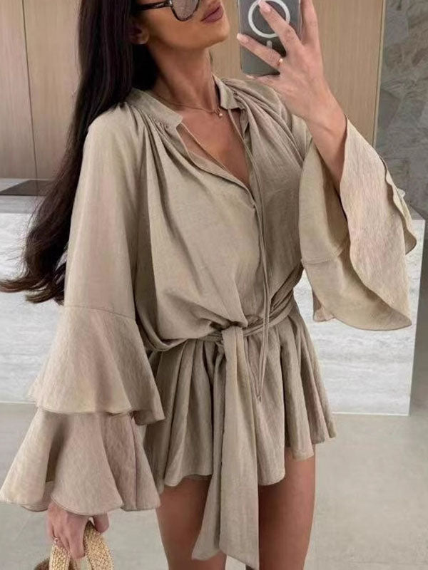 Lace-Up Pleated Solid Color Split-Joint Tiered Flared Sleeves Loose Round-neck Mini Dresses