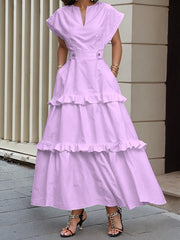 Buttoned Pockets Ruffle Trim Split-Joint Zipper A-Line Loose V-Neck Maxi Dresses