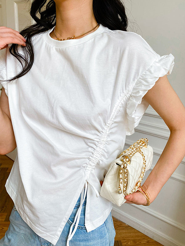 Asymmetric Drawstring Pleated Ruffle Trim Solid Color Split-Front Loose Short Sleeves Round-Neck T-Shirts Tops