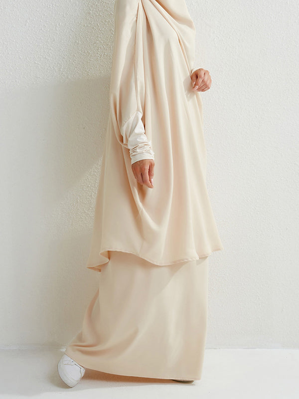 Solid Color Batwing Sleeves Long Sleeves Muslim High Neck Shirts Top + Skirts Bottom Two Pieces Set