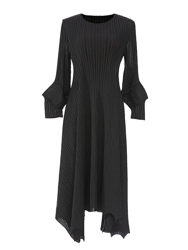 Pleated Solid Color Irregular clipping Loose Round-neck Midi Dresses
