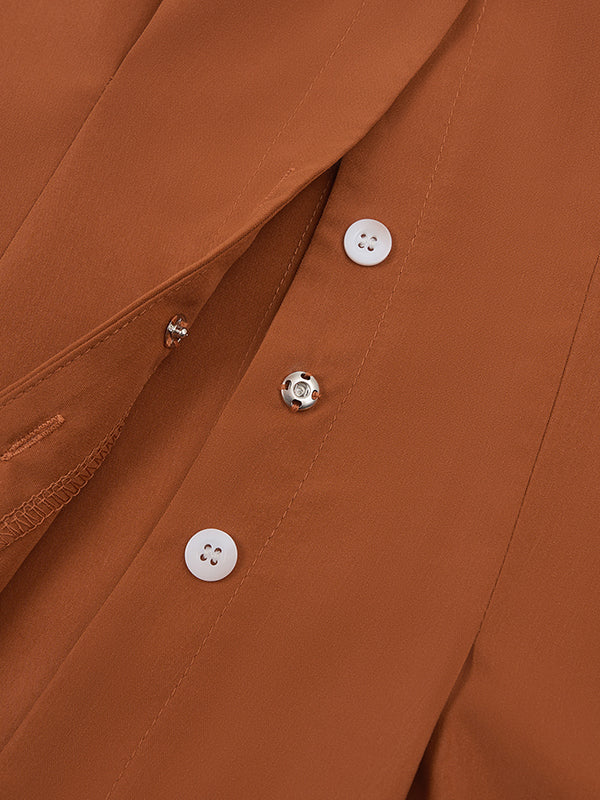 Buttoned No Belt Pleated Solid Color Long Sleeves Loose V-neck Shirt Dress Midi Dresses