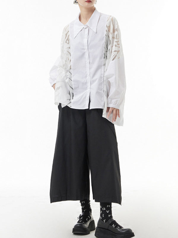 Urban See-Through Lace Split-Joint Lapel Blouse