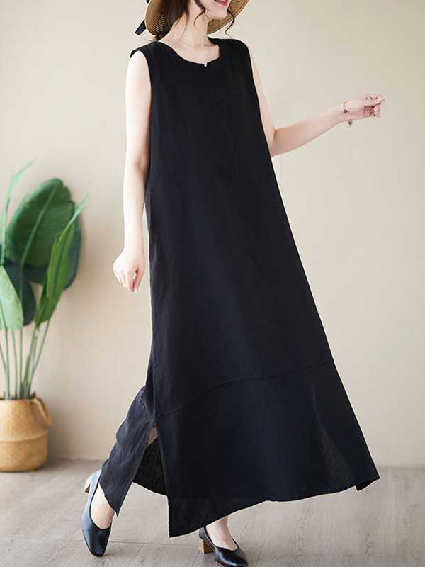 Solid Color A-Line Loose Round-Neck Midi Dresses