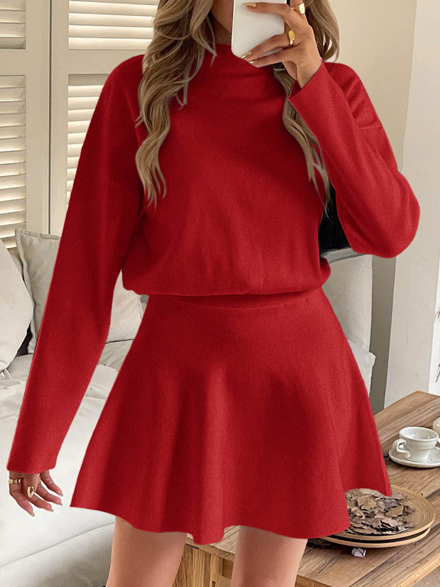 Elasticity Solid Color A-line High Waisted Round-neck Sweater Dresses Mini Dresses