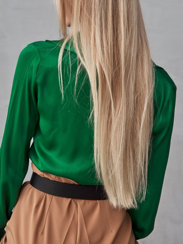 Pleated Solid Color Long Sleeves Lapel Blouses&shirts Tops