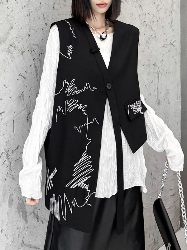 Asymmetric Buttoned Embroidered Sleeveless V-Neck Vest Top