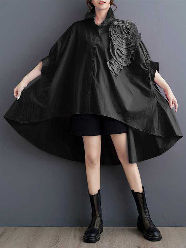 Asymmetric Buttoned Pleated Solid Color Three-Dimensional Flower Batwing Sleeves Half Sleeves Lapel Blouses&Shirts Tops