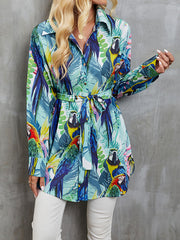 Buttoned Printed Split-Joint Tied Waist Long Sleeves Loose Lapel Blouses&Shirts Tops