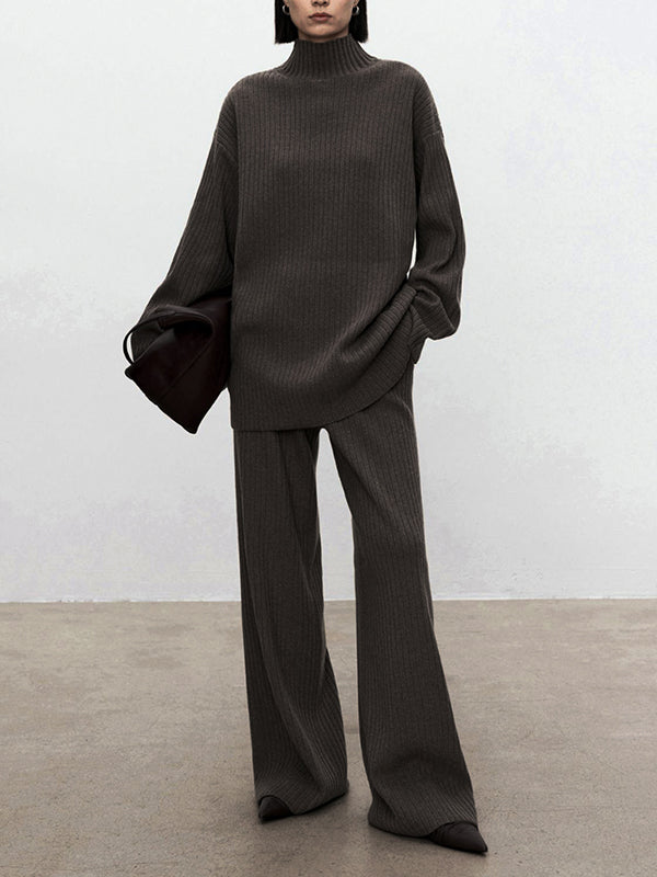 Solid Color Long Sleeves High-Neck Sweater Top + Wide Leg Pants Bottom Two Pieces Set
