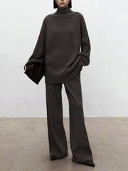 Solid Color Long Sleeves High-Neck Sweater Top + Wide Leg Pants Bottom Two Pieces Set