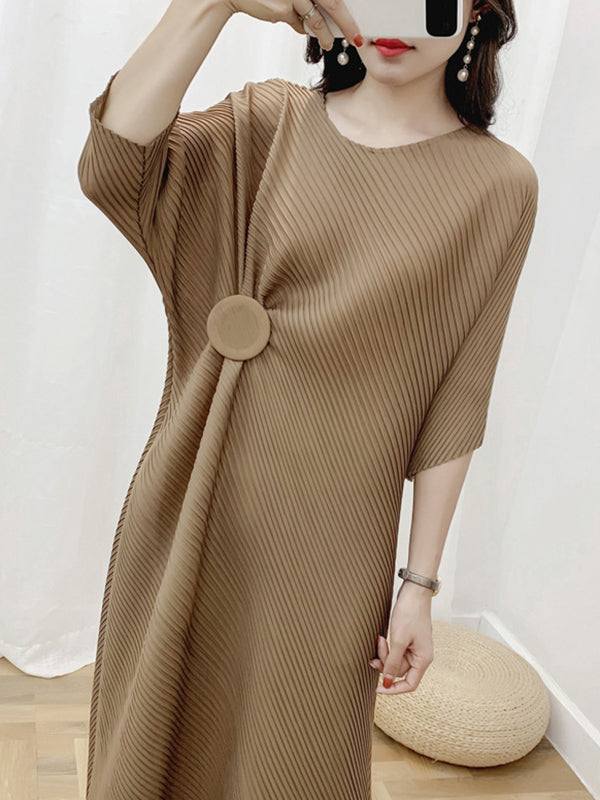 Pleated Solid Color Half Sleeves Irregular Clipping Round-Neck Midi Dresses