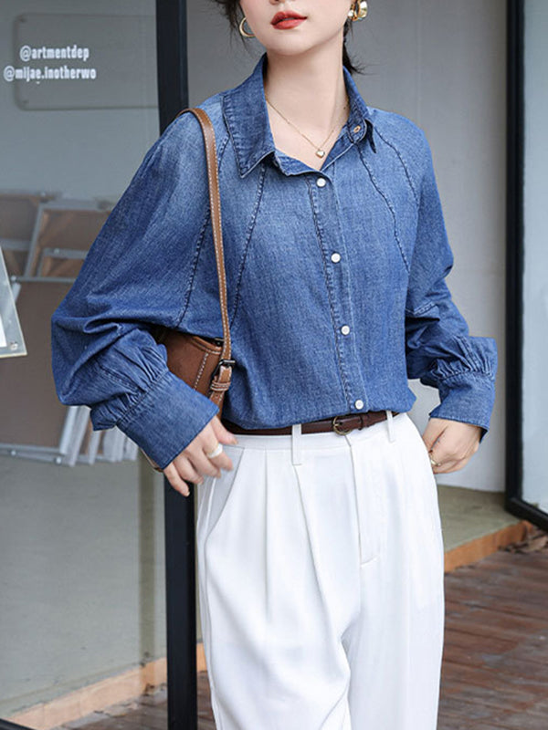 Buttoned Pleated Split-Joint Long Sleeves Loose Lapel Blouses&Shirts Tops