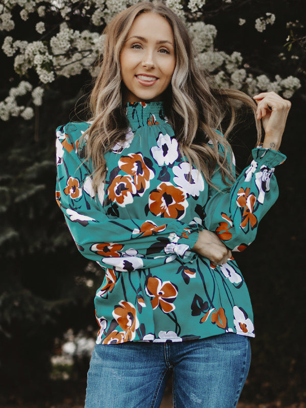 Stylish Selection Long Sleeves Loose Printed Pleated Half Turtleneck Blouses&Shirts Tops