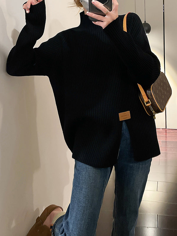 Split-Front Long Sleeves Loose Mock Neck Sweater Tops Pullovers