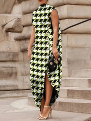 Asymmetric Buttoned Houndstooth Split-Joint Split-Side Loose Sleeveless Shawl Collar Maxi Dresses