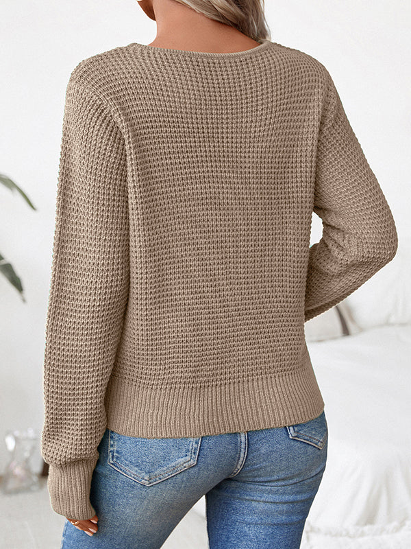 Hollow Solid Color Split-Joint Long Sleeves Loose Round-Neck Sweater Tops Pullovers
