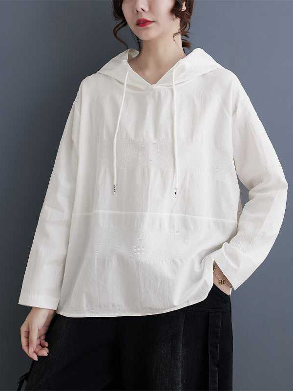 Drawstring Hooded Solid Color Split-Joint Long Sleeves Loose Round-Neck Hoodies Tops