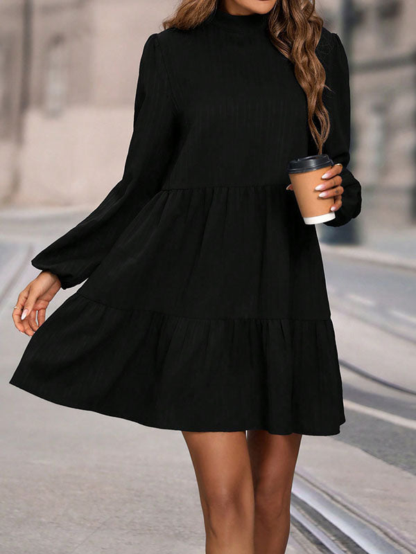 Hollow Pleated Solid Color Split-Joint A-Line Long Sleeves Mock Neck Mini Dresses