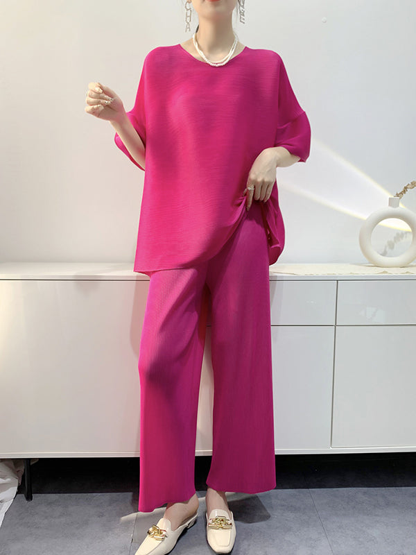 Elastics Pleated Solid Color Short Sleeves Wide Leg Round-neck Two Pieces Set