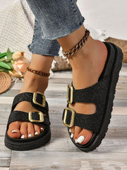 Belt Buckle Hollow Open Toe Shiny Slippers Sandals